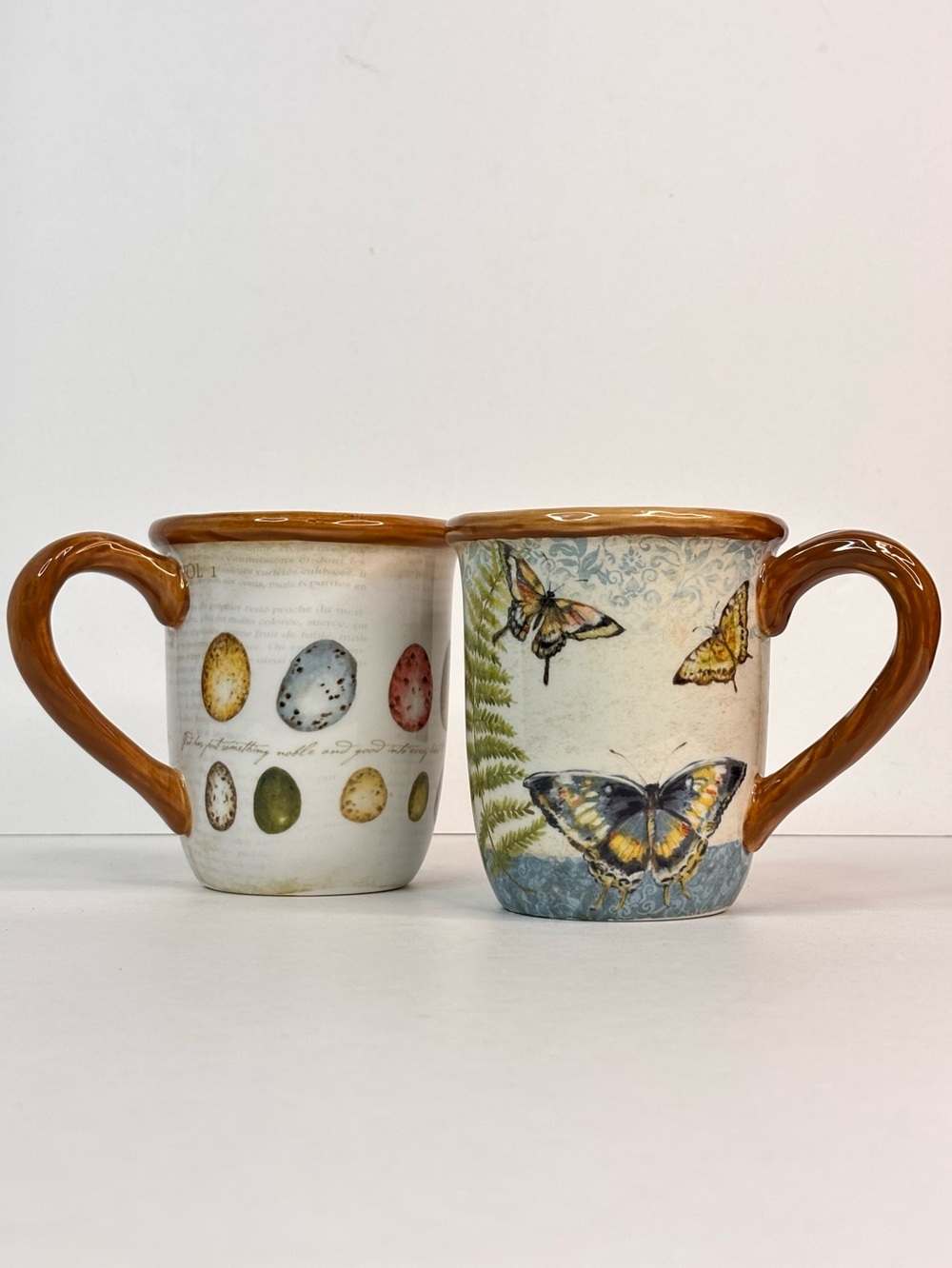 Nature Themed Butterfly & Egg Ceramic Mug Set of 2, Brown Handles Susan Winget